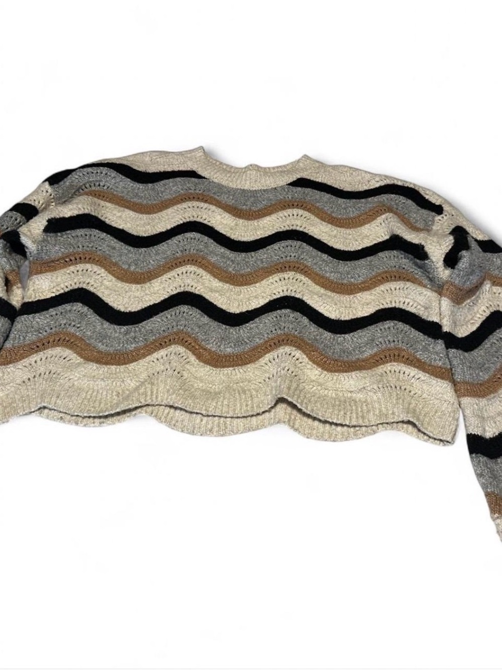 Wavy Stripe Cropped Crewneck Sweater in Beige, Black & Brown